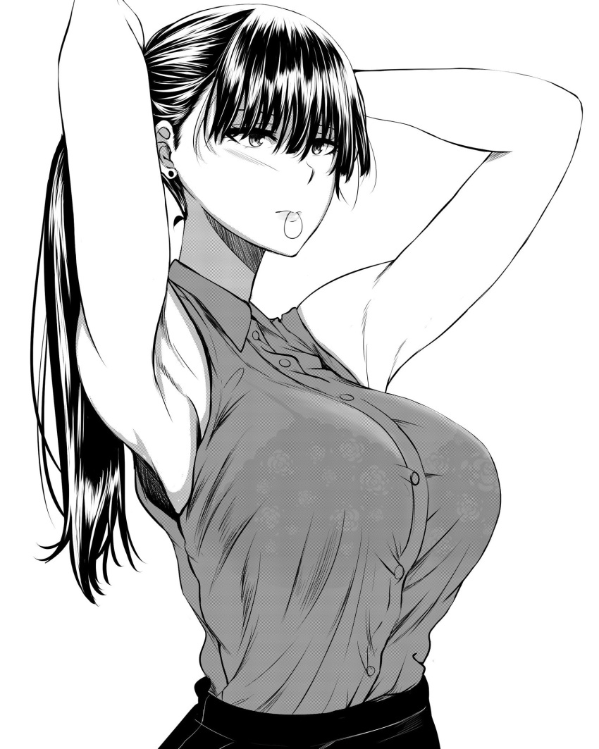 1girl armpits arms_behind_head arms_up bangs bare_arms bare_shoulders bra breasts closed_mouth collared_shirt deroo dress_shirt earrings hair_tie_in_mouth highres jewelry lace lace_bra large_breasts long_hair mouth_hold office_lady original pencil_skirt ponytail see-through shirt skirt sleeveless sleeveless_shirt tying_hair underwear