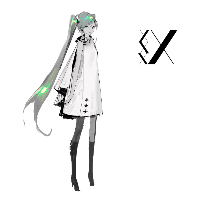 1girl bare_shoulders boots coat commentary english_commentary expressionless full_body green_eyes green_hair greyscale hatsune_miku highres knee_boots long_hair looking_at_viewer monochrome solo spot_color standing twintails very_long_hair vocaloid white_background yyb