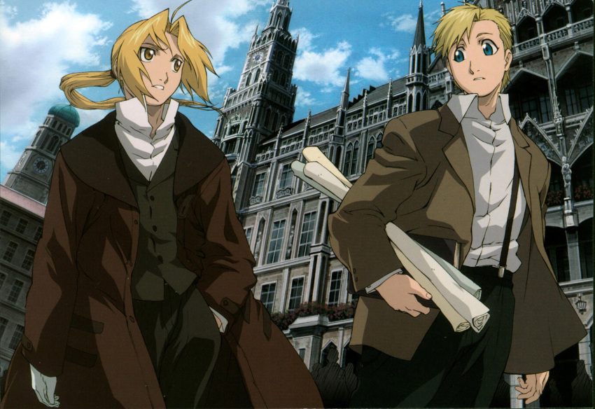 ahoge alfons_heiderich alphonse_elric alphonse_heiderich blonde_hair blue_eyes brothers brown_eyes building city cloud coat conqueror_of_shambala dress_shirt edward_elric fullmetal_alchemist gloves gothic hand_in_pocket highres itou_yoshiyuki london long_hair male multiple_boys official_art open_clothes open_coat outdoors pants ponytail scan scroll shirt short_hair siblings sky suspenders tower trench_coat walking yellow_eyes