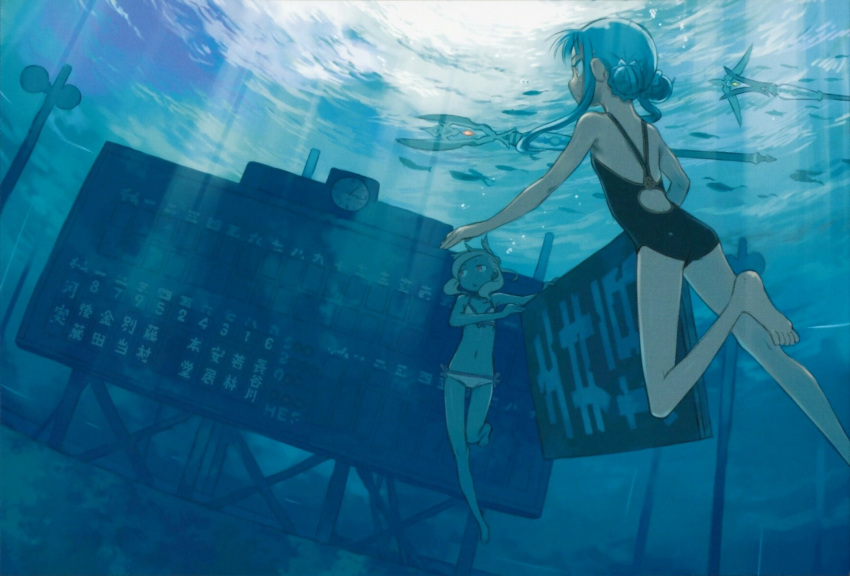 bikini blue chiaki freediving fumika highres kanaka kuroboshi_kouhaku matoma multiple_girls scan shigofumi staff swimsuit underwater