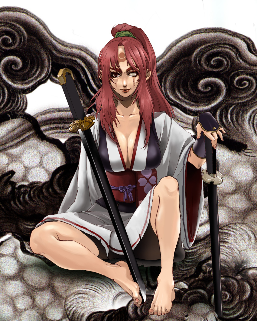 breasts cleavage feet guilty_gear highres japanese_clothes katana large_breasts lips long_hair moeshimo_(pixiv) obi one-eyed ponytail red_eyes red_hair redhead scar sitting sword weapon
