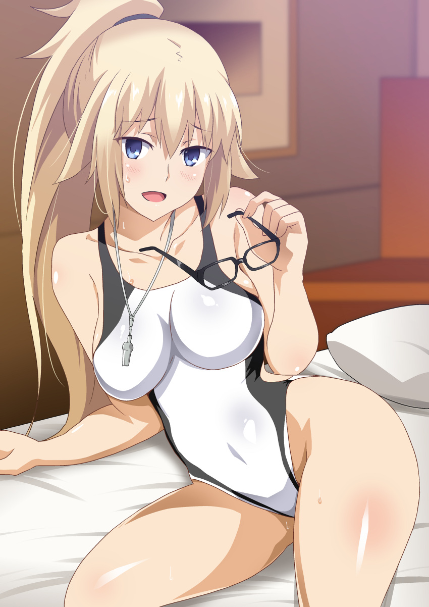 1girl bangs bare_shoulders blonde_hair blue_eyes blush breasts collarbone covered_navel eyewear_removed fate/grand_order fate_(series) glasses hair_between_eyes hera_(hara0742) high_ponytail highleg highleg_swimsuit highres jeanne_d'arc_(fate)_(all) jeanne_d'arc_(swimsuit_archer) large_breasts long_hair on_bed one-piece_swimsuit open_mouth pillow ponytail smile solo_focus sweat swimsuit thighs very_long_hair whistle whistle_around_neck white_swimsuit