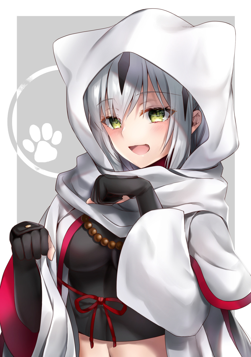1girl :d absurdres animal_ears black_gloves breasts cat_ears claw_pose cloak commentary_request elbow_gloves fate/grand_order fate_(series) gloves hane_yuki highres hood hooded_cloak looking_at_viewer medium_breasts nagao_kagetora_(fate) open_mouth partly_fingerless_gloves smile solo white_hair yellow_eyes