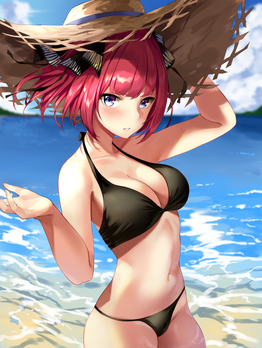 1girl bangs bare_shoulders beach bikini black_bikini blue_eyes blue_sky blunt_bangs blush breasts butterfly_hair_ornament clouds commentary_request eastar741 go-toubun_no_hanayome hair_ornament hair_ribbon halterneck hat highres large_breasts nakano_nino navel ocean parted_lips pink_hair ribbon sand shore short_hair sky straw_hat swimsuit water waves