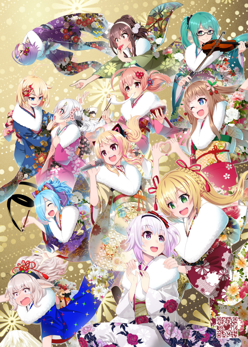 .live 6+girls :d ahoge anchor_hair_ornament animal_ears arm_up bangs black-framed_eyewear black_hairband blonde_hair blue_eyes blue_hair blue_kimono blunt_bangs blush bow bow_(instrument) bowl braid brown_hair brush calligraphy_brush carro_pino cat_ears chasing cherry chewing chin_grab choker chopsticks closed_eyes closed_mouth commentary_request couple crossed_bangs crying crying_with_eyes_open earmuffs eating eye_contact eyebrows_visible_through_hair face-to-face fake_animal_ears fleeing floating floating_hair floral_print flower flying_sweatdrops food fruit fur-trimmed_kimono fur_trim glasses green_eyes green_hair green_kimono hair_between_eyes hair_bow hair_flower hair_ornament hair_over_one_eye hairband hairclip hand_on_another's_chin hand_up hands_on_another's_shoulders heart heart_hands high_ponytail highres holding holding_bowl holding_chopsticks holding_instrument holding_microphone ink instrument japanese_clothes kagura_suzu_(.live) kakyouin_chieri kimono kiso_azuki kitakami_futaba kongou_iroha lavender_hair long_hair long_sleeves looking_at_another microphone mochi mokota_mememe multicolored_hair multiple_girls music nekonoki_mochi new_year obi one_eye_closed open_mouth paintbrush pink_flower pink_hair pink_kimono playing_instrument pointing ponytail profile purple_bow purple_hair purple_kimono qr_code red_choker red_eyes red_flower red_kimono ribbon running sash semi-rimless_eyewear short_hair side_ponytail silver_hair sleeves_rolled_up smile steam streaked_hair tears thick_eyebrows twintails two_side_up under-rim_eyewear ushimaki_riko v-shaped_eyebrows very_long_hair violet_eyes violin virtual_youtuber wavy_mouth weshika whistle whistling white_flower white_hairband white_kimono wide_sleeves x_hair_ornament yaezawa_natori yamato_iori yellow_kimono yozakura_tama yuri