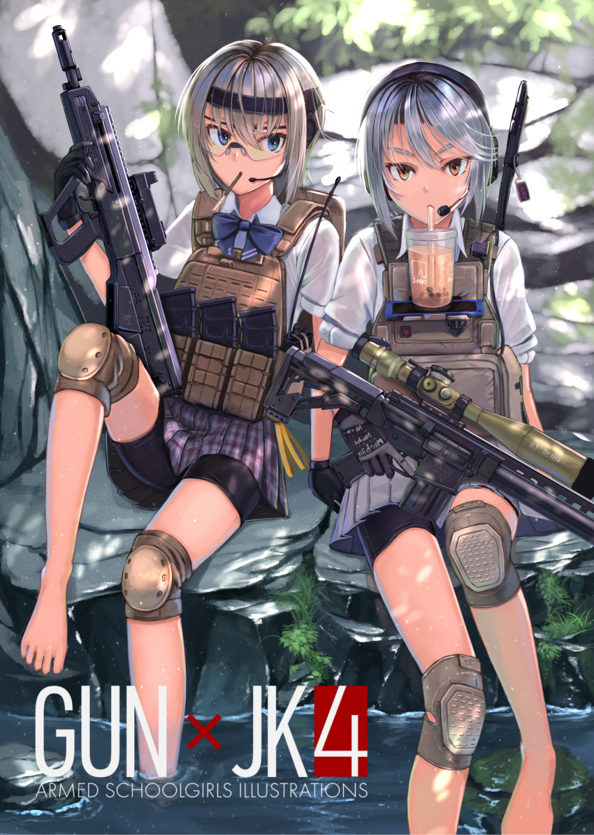 2girls absurdres barefoot bike_shorts blonde_hair blurry blurry_background bubble_tea bubble_tea_challenge bullpup dreadtie drinking drinking_straw english_text gloves gun headset highres holding holding_gun holding_weapon knee_pads load_bearing_vest looking_at_viewer multiple_girls original outdoors plaid plaid_skirt school_uniform scope shooting_glasses silver_hair sitting skirt tablet_pc water weapon weapon_request