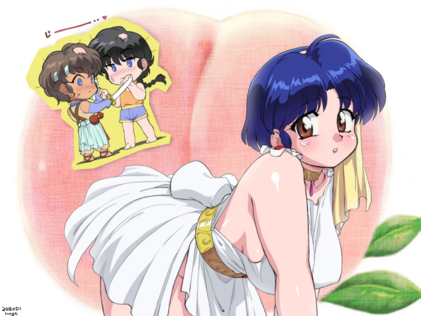 1girl 2boys all_fours bangs bare_shoulders belt black_hair blue_eyes blue_hair blush braid breasts brown_eyes brown_hair chibi chibi_inset collar commentary_request dated dress eyebrows_visible_through_hair food from_side fruit gloves gourd headband heart holding holding_sword holding_weapon large_breasts leaf long_hair looking_at_viewer looking_to_the_side mage_(harumagedon) multiple_boys no_panties nose_blush orange_shirt parted_bangs parted_lips peach purple_gloves purple_shirt ranma_1/2 saotome_ranma shiny shiny_hair shiny_skin shirt short_hair signature single_braid sleeveless sleeveless_dress sleeveless_shirt standing sword tendou_akane touma_(ranma_1/2) weapon white_dress