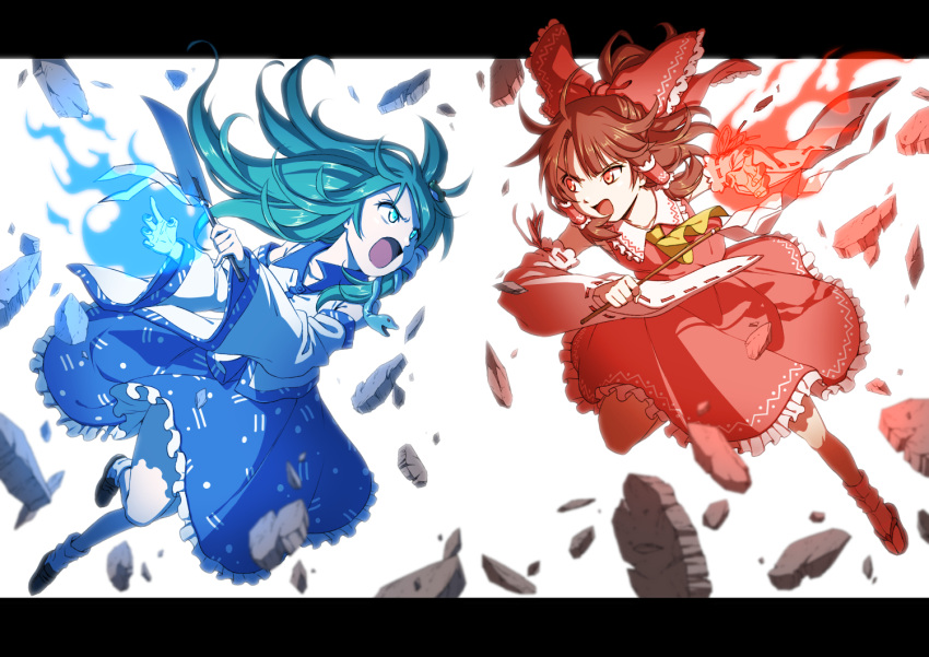 2girls arms_up battle black_footwear blue_skirt bow burning_hand commentary_request cravat debris detached_sleeves eye_contact folded_leg frilled_skirt frills frog_hair_ornament gohei green_eyes green_hair hair_blowing hair_bow hair_ornament hair_tubes hakurei_reimu inuno_rakugaki kochiya_sanae letterboxed limited_palette loafers long_hair looking_at_another multiple_girls oonusa open_mouth ponytail red_eyes red_footwear redhead ribbon-trimmed_sleeves ribbon_trim sandals serious shirt shoes short_hair simple_background skirt snake_hair_ornament touhou very_long_hair white_background white_legwear white_shirt yellow_neckwear