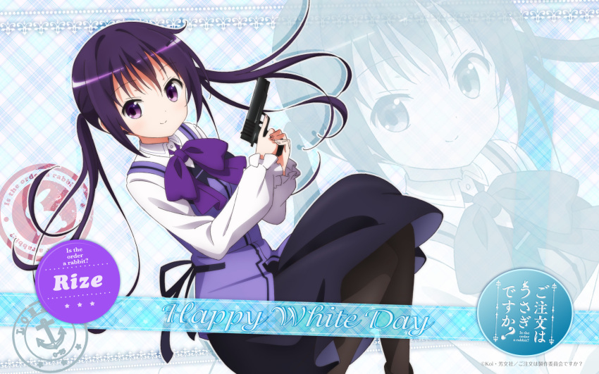 1girl artist_request black_legwear black_skirt blush character_name closed_mouth copyright_name eyebrows_visible_through_hair gochuumon_wa_usagi_desu_ka? gun handgun highres holding holding_gun holding_weapon long_hair looking_at_viewer official_art pantyhose pistol purple_hair skirt smile solo tedeza_rize twintails uniform violet_eyes wallpaper weapon