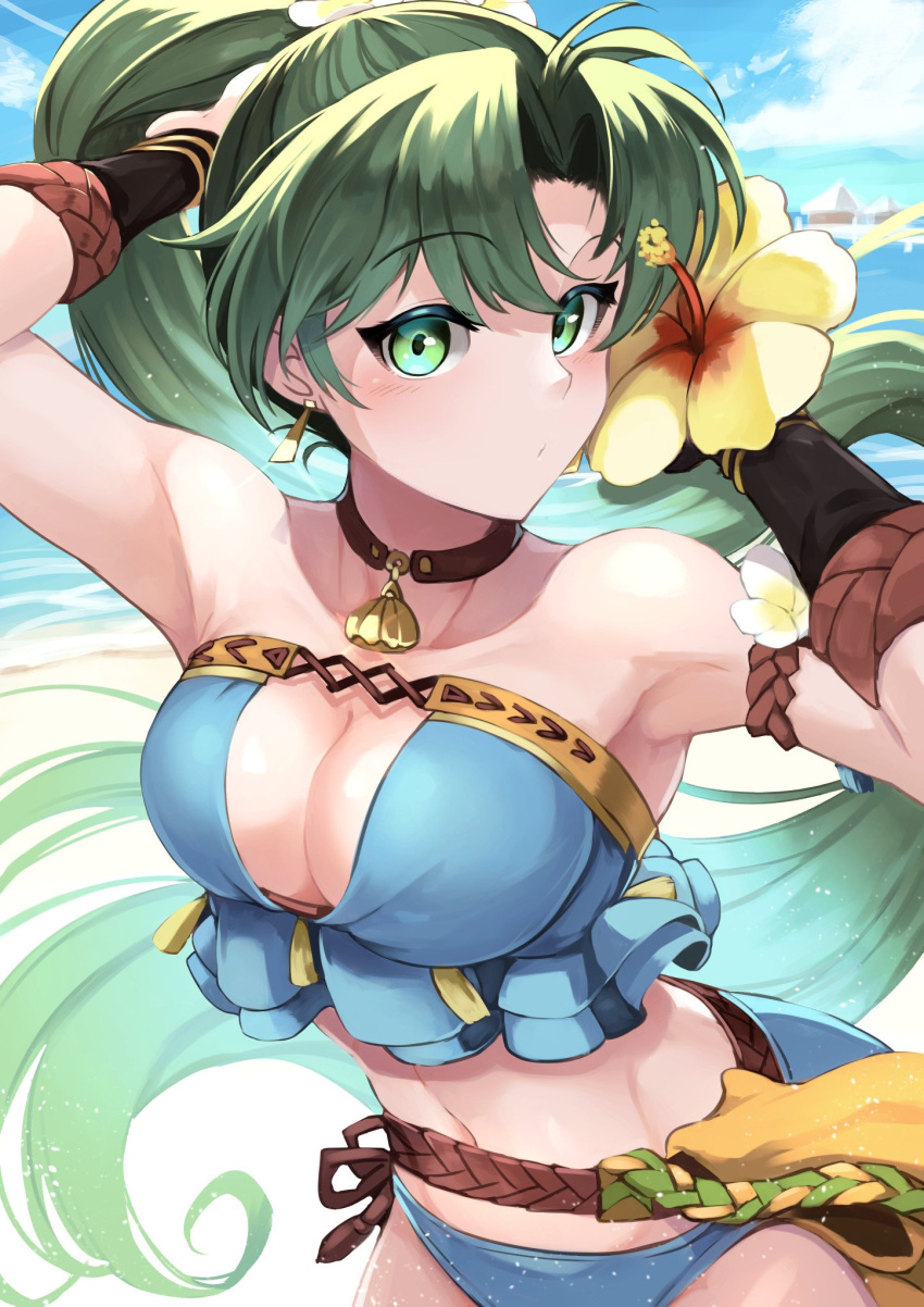 1girl adjusting_hair bikini breasts fire_emblem fire_emblem:_rekka_no_ken fire_emblem:_the_blazing_blade fire_emblem_heroes flower green_eyes green_hair highres intelligent_systems long_hair looking_at_viewer lyn_(fire_emblem) lyndis_(fire_emblem) moe nakabayashi_zun navel nintendo ponytail simple_background super_smash_bros. swimsuit