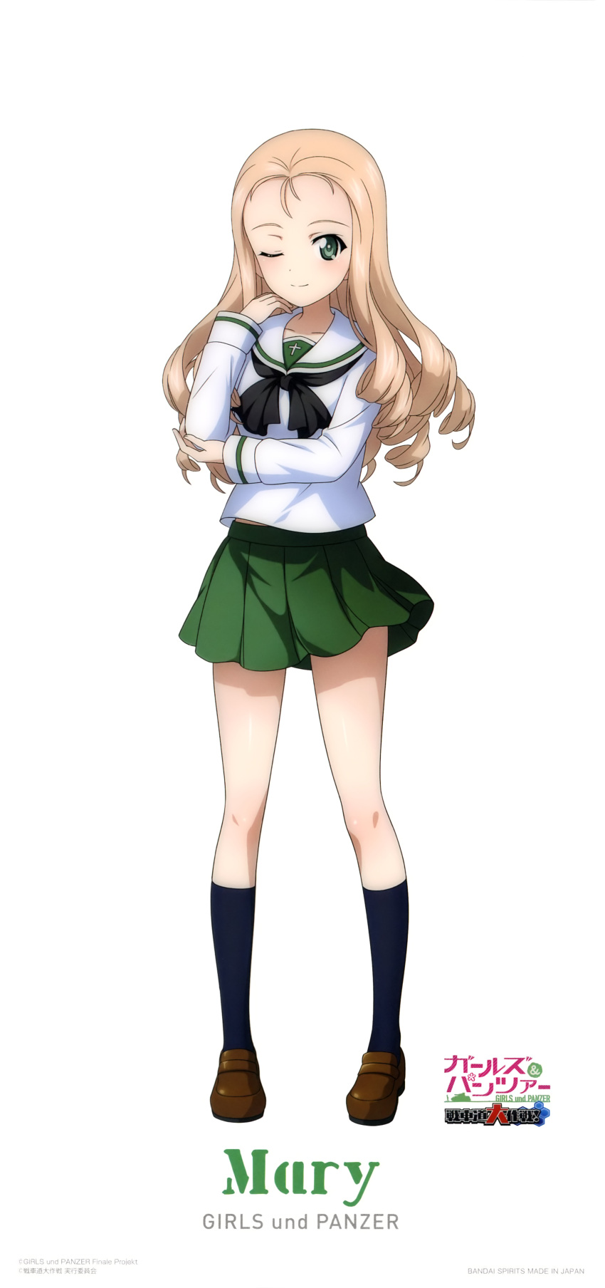 1girl ;) absurdres alternate_costume black_neckwear blonde_hair blue_legwear brown_footwear character_name closed_mouth collarbone copyright_name drill_hair full_body girls_und_panzer green_eyes green_skirt highres kneehighs loafers long_hair long_sleeves looking_at_viewer marie_(girls_und_panzer) miniskirt official_art one_eye_closed ooarai_school_uniform pleated_skirt sailor_collar school_uniform shirt shoes simple_background skirt smile solo standing very_long_hair white_background white_sailor_collar white_shirt