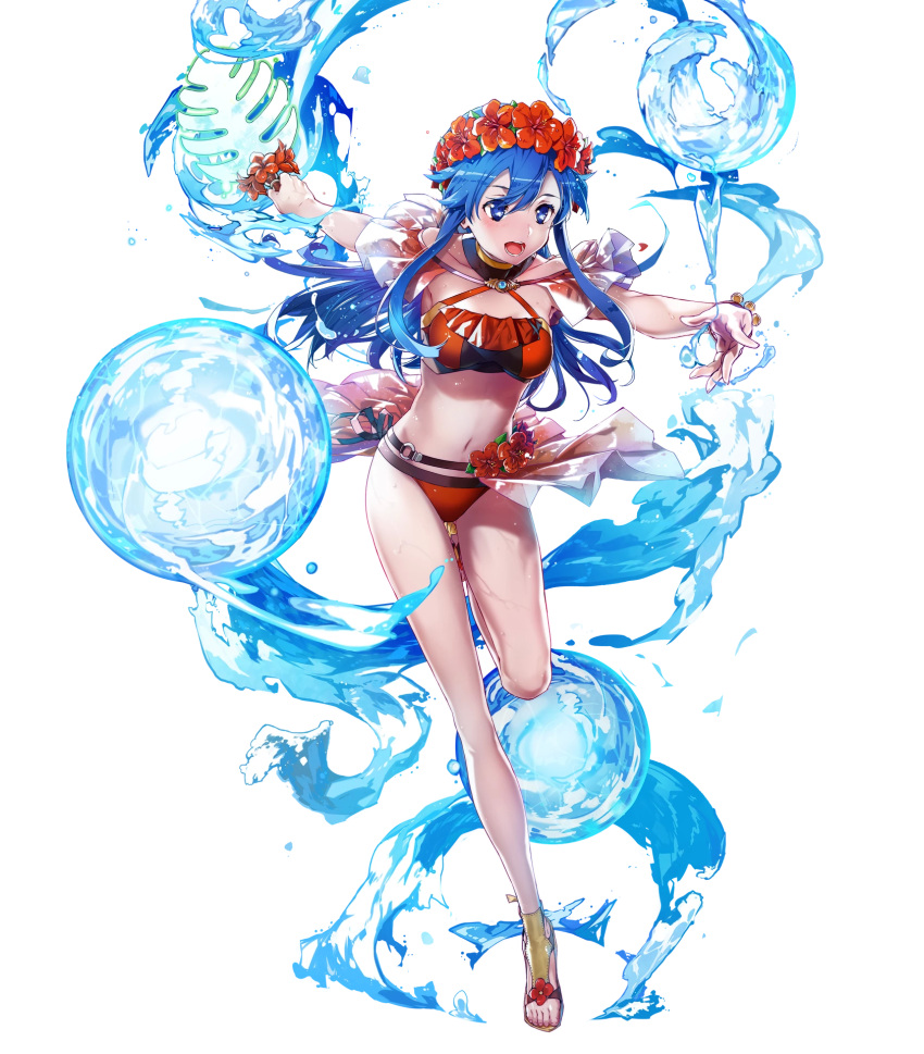 1girl bangs bare_arms bikini blue_eyes blue_hair breasts bunbun fire_emblem fire_emblem:_the_binding_blade fire_emblem_heroes flower full_body hair_ornament head_wreath hibiscus highres holding leg_up lilina long_hair medium_breasts navel official_art open_mouth palm_leaf red_bikini sandals shiny shiny_hair solo stomach swimsuit thighs toes transparent_background water