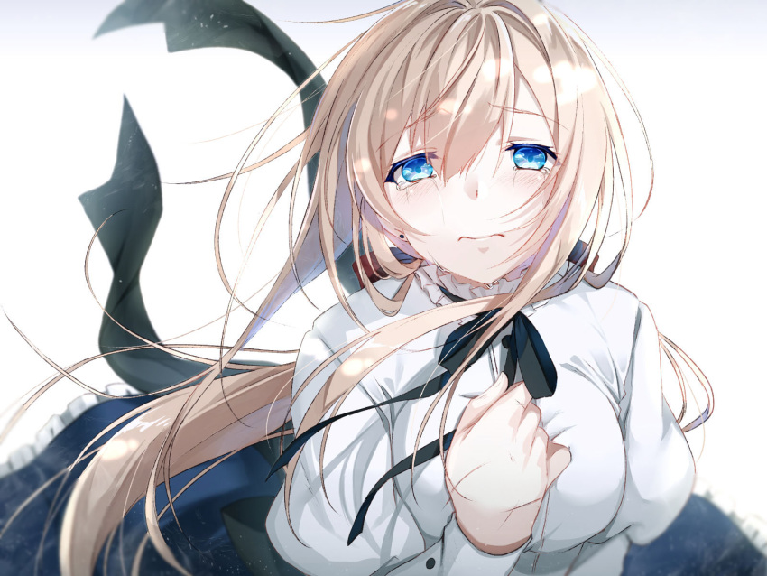 1girl 3: akami_fumio bangs black_ribbon blue_eyes blue_skirt bow breasts closed_mouth commentary_request crying crying_with_eyes_open earrings eyebrows_visible_through_hair frilled_skirt frills gradient gradient_background grey_background hair_between_eyes hair_bow hand_on_own_chest hand_up highres jewelry juliet_sleeves light_brown_hair long_hair long_sleeves looking_at_viewer low_ponytail medium_breasts neck_ribbon original ponytail puffy_sleeves red_bow ribbon shirt skirt solo stud_earrings tears very_long_hair white_background white_shirt