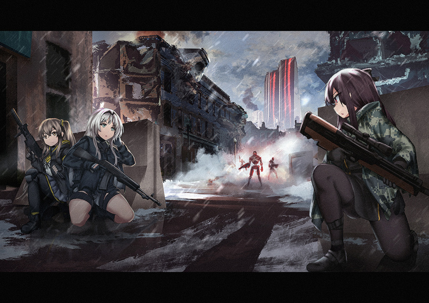 3girls an-94 an-94_(girls_frontline) android assault_rifle brown_hair bullpup camouflage camouflage_jacket city commentary cyborg english_commentary girls_frontline gloves gun heckler_&amp;_koch jacket kneeling long_hair military_operator multiple_girls pantyhose persocon93 purple_hair rifle ruins scope side_ponytail silver_hair sniper_rifle submachine_gun suppressor trigger_discipline ump45_(girls_frontline) wa2000_(girls_frontline) walther walther_wa_2000 weapon
