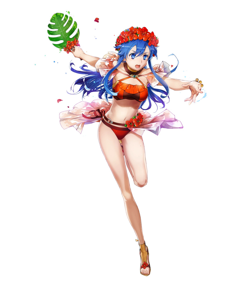 1girl bangs bare_arms bikini blue_eyes blue_hair breasts bunbun fire_emblem fire_emblem:_the_binding_blade fire_emblem_heroes flower full_body hair_ornament head_wreath hibiscus highres holding leg_up lilina long_hair medium_breasts navel official_art palm_leaf red_bikini sandals shiny shiny_hair solo stomach swimsuit thighs toes transparent_background