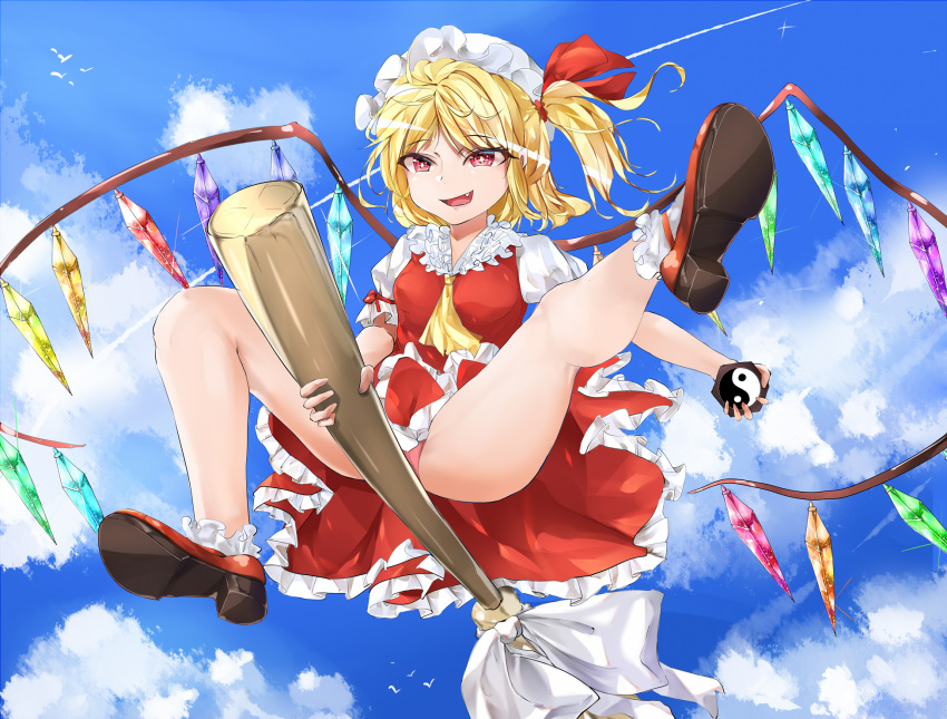 1girl :d ass bare_legs blonde_hair blue_sky broom broom_riding clouds cloudy_sky commentary_request crystal day fang flandre_scarlet flying full_body hat hat_ribbon highres medium_hair mini-hakkero mob_cap open_mouth panties pantyshot pink_panties puffy_short_sleeves puffy_sleeves red_eyes red_ribbon red_skirt red_vest ribbon role_reversal short_sleeves side_ponytail skirt sky smile solo theft thighs touhou underwear upskirt vampire vest wings