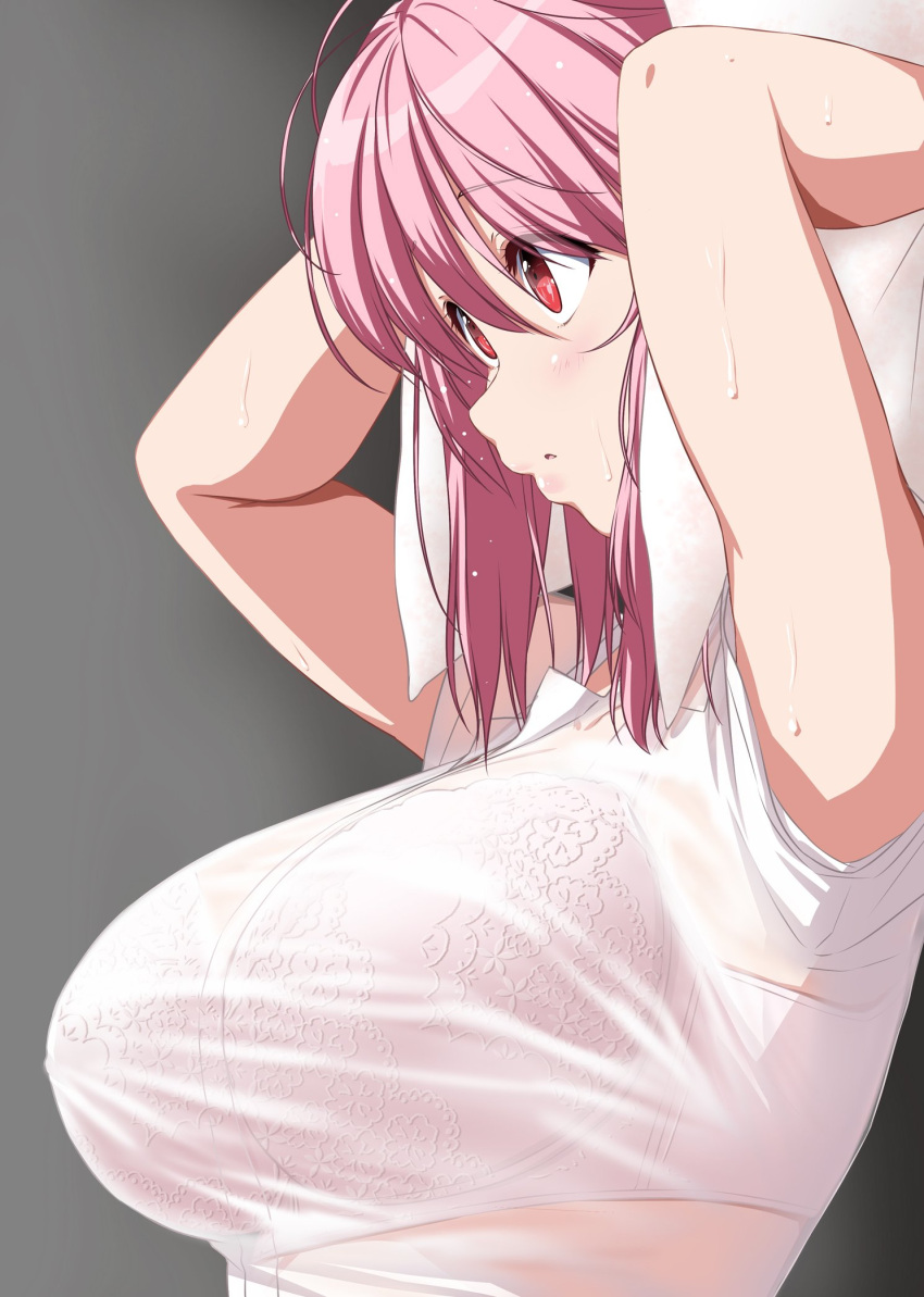 1girl arms_up bangs blush bra breasts commentary_request eyebrows_visible_through_hair floral_print from_side gradient gradient_background grey_background hair_between_eyes highres large_breasts no_hat no_headwear nori_tamago parted_lips pink_hair red_eyes saigyouji_yuyuko see-through shirt short_hair short_sleeves solo sweat touhou towel towel_on_head underwear upper_body wet wet_clothes wet_shirt white_bra white_shirt