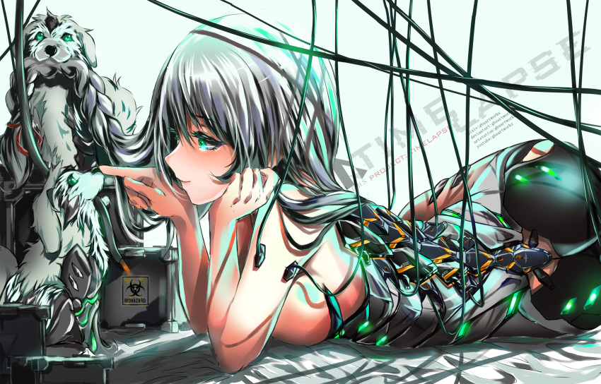 1girl android ass bangs blush braid breasts cable closed_mouth cyborg dog gbsartworks green_eyes green_hair highres large_breasts long_hair lying mechanical_animal mechanical_parts neon_trim on_stomach original poking sidelocks silver_hair single_braid smile solo very_long_hair