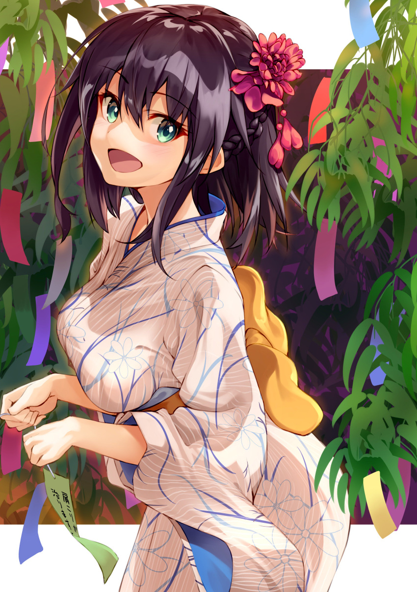 1girl absurdres bamboo black_hair braid breasts commentary_request flower green_eyes hair_flower hair_ornament half_updo highres japanese_clothes kimono large_breasts looking_at_viewer medium_hair obi open_mouth original paper sash shunichi solo tanabata tanzaku