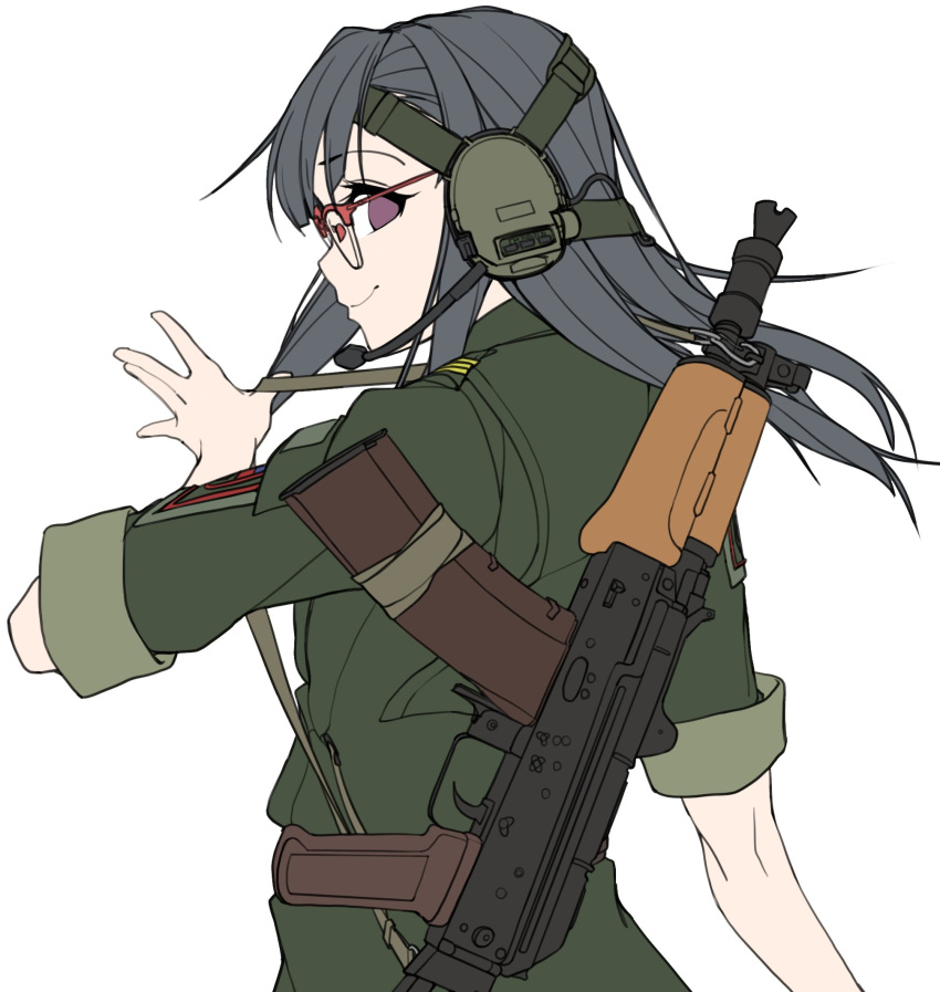 1girl ak-74 assault_rifle bangs commentary eyebrows_visible_through_hair from_behind glasses grey_hair gun headphones highres holding holding_strap korean_commentary leeb3397 long_hair looking_at_viewer microphone military military_uniform original red-framed_eyewear rifle short_sleeves simple_background sketch solo uniform upper_body violet_eyes weapon weapon_on_back white_background