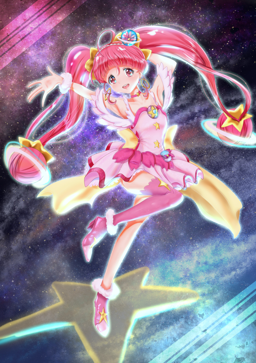 1girl :d absurdres armpits asymmetrical_legwear bangs choker collarbone cure_star dress floating_hair hair_ornament high_heels highres hoshina_hikaru leg_up long_hair looking_at_viewer mitaka night night_sky open_mouth outstretched_arm pink_dress pink_eyes pink_footwear pink_hair pink_legwear precure shiny shiny_hair short_dress single_thighhigh sky sleeveless sleeveless_dress smile solo standing standing_on_one_leg star_(sky) star_twinkle_precure starry_sky thigh-highs twintails very_long_hair wrist_cuffs