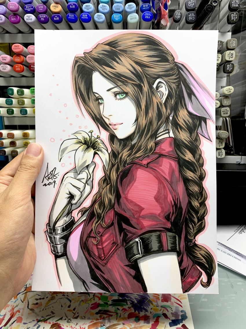1girl aerith_gainsborough bow braid brown_hair closed_mouth cropped_jacket dress final_fantasy final_fantasy_vii final_fantasy_vii_remake flower from_side green_eyes hair_ribbon highres holding holding_flower long_dress long_hair marker_(medium) pink_bow pink_dress pink_lips ponytail ribbon single_braid stanley_lau traditional_media