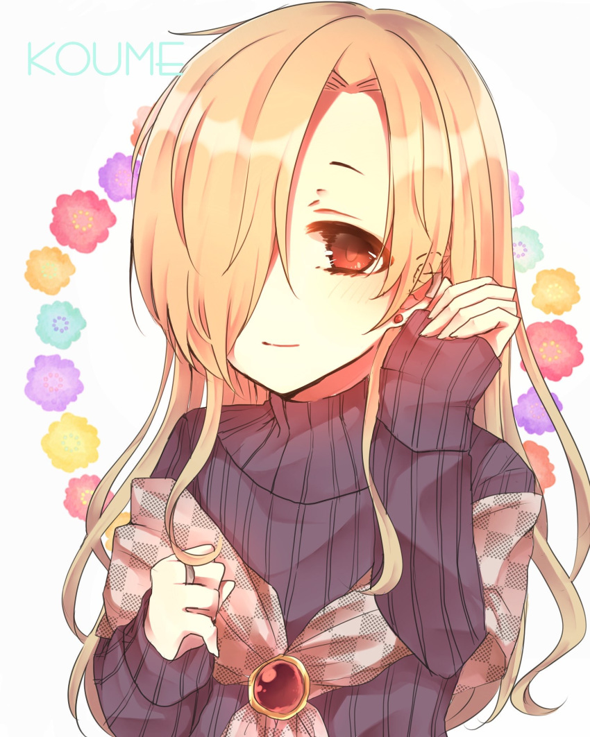 1girl adjusting_hair alternate_hair_length alternate_hairstyle black_sweater blonde_hair character_name closed_mouth earrings hair_over_one_eye highres idolmaster idolmaster_cinderella_girls jewelry light_smile long_hair red_eyes ribbed_sweater shiny shiny_hair shirasaka_koume sleeves_past_wrists solo sweater upper_body white_background yo_(fu_kumask)