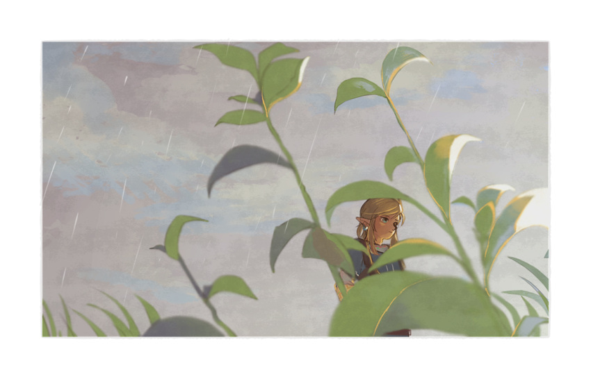 1boy bangs blonde_hair blue_eyes closed_mouth clouds commentary earrings frame from_side grass grey_sky jewelry link long_hair long_sleeves looking_to_the_side male_focus naru116 plant pointy_ears rain sidelocks solo standing the_legend_of_zelda the_legend_of_zelda:_breath_of_the_wild