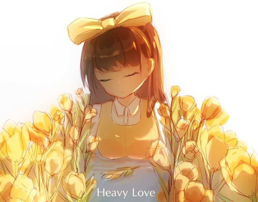 1girl bangs bow brown_hair child closed_eyes devotion dress du_meishin english_text facing_viewer flower hair_bow highres long_hair long_sleeves merman_(gmerman) partially_submerged shirt simple_background sketch solo water white_background white_shirt yellow_bow yellow_dress yellow_flower
