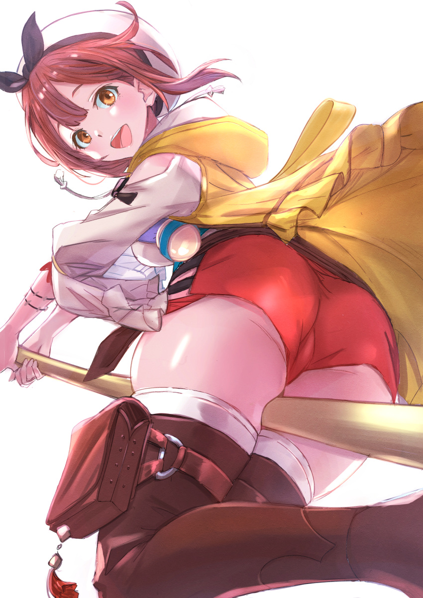 1girl :d atelier_(series) atelier_ryza brown_eyes brown_hair brown_legwear commentary_request hat highres jugatukumao looking_at_viewer open_mouth red_shorts reisalin_stout short_hair short_shorts shorts simple_background smile solo teeth thigh-highs thighs upper_body white_background white_headwear white_legwear