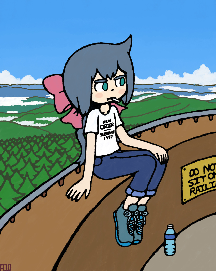 1girl alternate_costume ancodia10 artist_name band_shirt blue_eyes bottle bow constanze_amalie_von_braunschbank-albrechtsberger denim highres jeans little_witch_academia outdoors pants shirt shoes sign sitting sneakers solo t-shirt tied_hair water_bottle