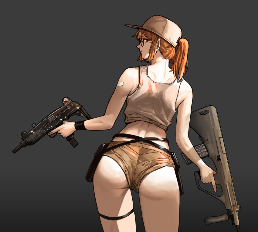 1girl absurdres ass assault_rifle bangs bare_shoulders baseball_cap bullpup closed_mouth eyebrows_visible_through_hair fio_germi from_behind glasses grey_background gun hair_between_eyes hat highres holding holding_gun holding_weapon imi_uzi legs looking_at_viewer mecha_musume medium_hair metal_slug military orange_hair original ponytail rifle seriousman shorts simple_background solo standing steyr_aug steyr_aug_(upotte!!) strap submachine_gun thigh_strap trigger_discipline upper_body weapon