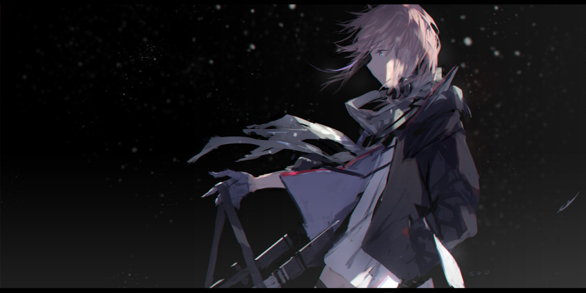 1girl ar-15 bangs black_jacket blue_eyes closed_mouth dress eyebrows_visible_through_hair girls_frontline gloves grey_gloves grey_scarf gun half_gloves hand_in_pocket headphones headphones_around_neck highres holding holding_gun holding_weapon jacket long_hair long_sleeves object_namesake open_clothes open_jacket pink_hair profile puffy_long_sleeves puffy_sleeves rifle scarf short_dress signature solo st_ar-15_(girls_frontline) swd3e2 torn_scarf weapon white_dress