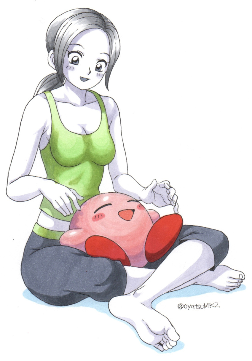 1girl 1other barefoot blush feet grey_skin hal_laboratory_inc. highres hoshi_no_kirby human kirby nintendo nintendo_ead oyatsu_(mk2) pink_puff_ball ponytail soles sora_(company) super_smash_bros. super_smash_bros_for_wii_u_and_3ds tank_top toes white_background white_skin wii_fit_trainer