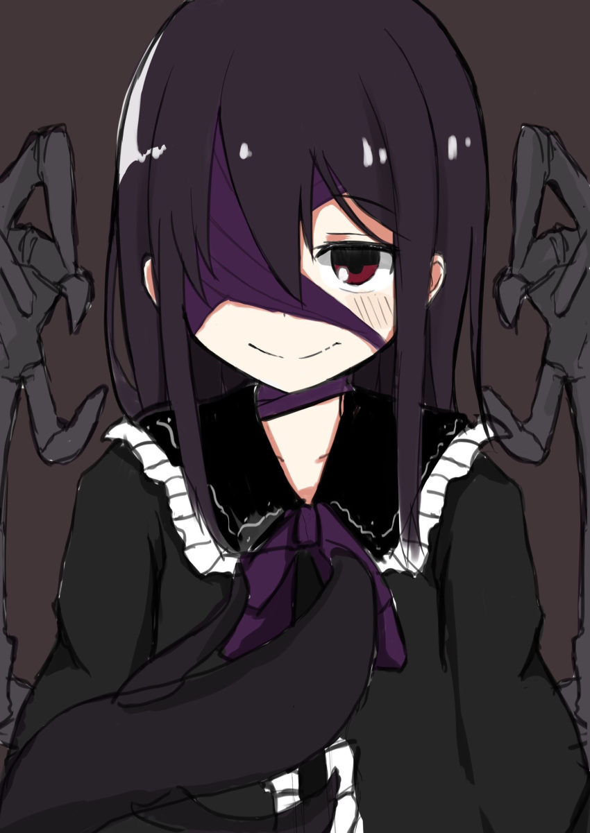 1girl ageha_(ray-k) bangs black_background black_dress black_hair butterfly_affection center_frills commentary dress extra_arms eyebrows_visible_through_hair eyepatch frilled_shirt_collar frills hair_between_eyes hand_on_own_chest highres long_hair long_sleeves looking_at_viewer monster_girl neck_ribbon nekosakaaa purple_neckwear red_eyes ribbon simple_background sketch smile solo tentacles upper_body