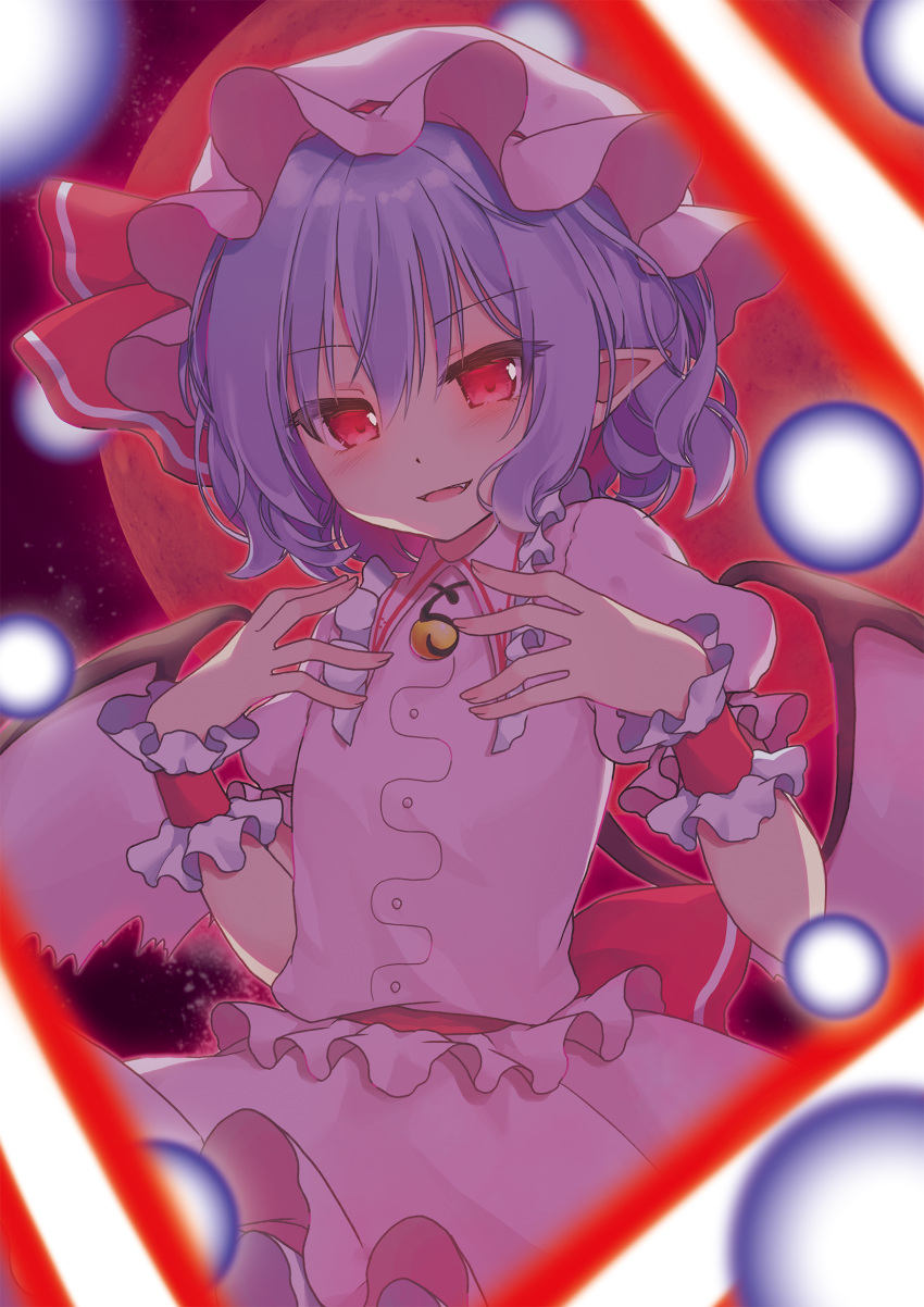 1girl :d bangs bat_wings beni_kurage blue_hair blush commentary_request cowboy_shot danmaku dress eyebrows_visible_through_hair fang frilled_shirt_collar frills full_moon glowing hair_between_eyes hands_up hat hat_ribbon head_tilt highres looking_at_viewer mob_cap moon night night_sky open_mouth pink_dress pink_headwear pointy_ears puffy_short_sleeves puffy_sleeves red_eyes red_moon red_ribbon red_sash remilia_scarlet ribbon sash short_hair short_sleeves sky smile solo touhou wings wrist_cuffs