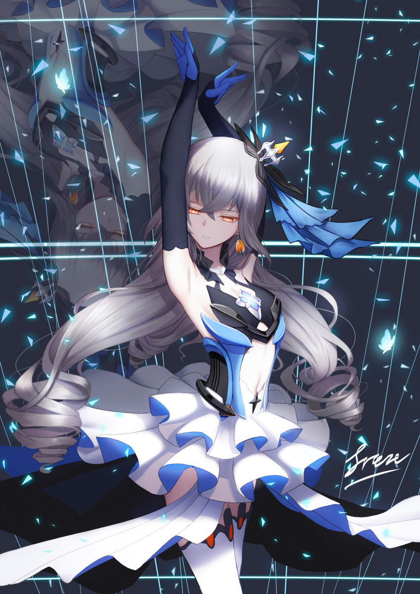 1girl absurdres armpits arms_up bangs breasts bronya_zaychik center_opening cowboy_shot crossed_bangs dress drill_hair earrings elbow_gloves expressionless freze gloves hair_between_eyes highres honkai_(series) honkai_impact_3rd jewelry layered_dress long_hair looking_at_viewer medium_breasts orange_eyes parted_lips quad_drills signature silver_hair solo symbol-shaped_pupils thigh-highs very_long_hair white_legwear