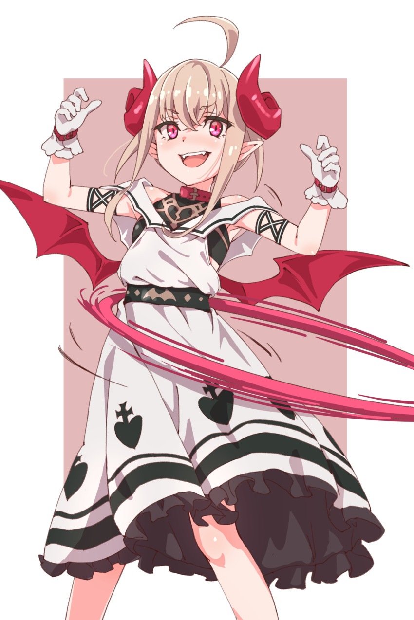 1girl :d absurdres ahoge bangs collar commentary curled_horns demon_girl demon_horns demon_wings dress eyebrows_visible_through_hair fangs gloves hair_between_eyes hands_up highres hoop horns hula_hoop karahai_(31448823) light_brown_hair looking_at_viewer makaino_ririmu motion_lines nijisanji open_mouth pointy_ears red_eyes red_horns short_hair simple_background smile solo teeth v-shaped_eyebrows virtual_youtuber white_background white_dress white_gloves wings