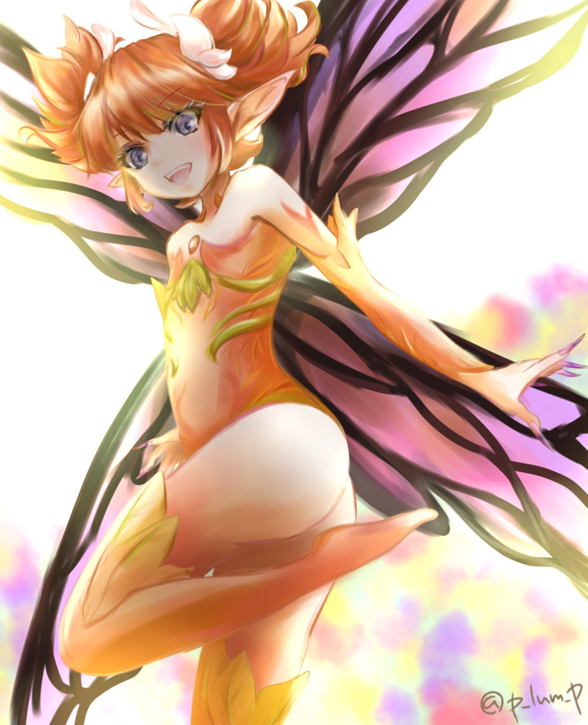 1girl :d ass bangs bare_shoulders butterfly_wings detached_sleeves eyebrows_visible_through_hair fairy feo_ul final_fantasy final_fantasy_xiv fingernails flat_chest highres leg_up leotard long_fingernails long_sleeves open_mouth orange_hair orange_legwear orange_leotard pointy_ears puramu purple_nails purple_wings sharp_fingernails short_hair short_twintails smile solo strapless strapless_leotard teeth thigh-highs twintails twitter_username violet_eyes wings