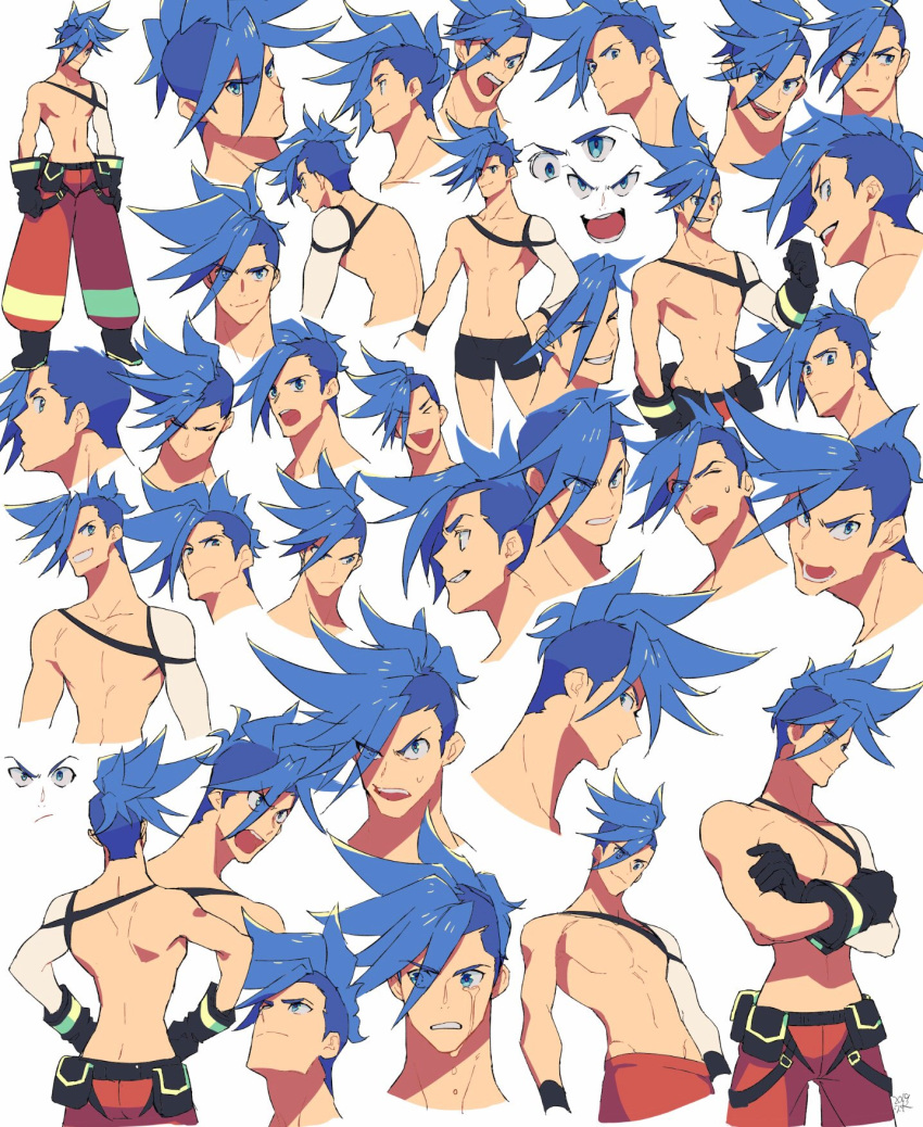 1boy back black_gloves blue_eyes blue_hair chest crossed_arms expressions galo_thymos gloves hand_on_hip highres jacket male_focus multiple_views open_mouth pro_ur_sumi promare shirtless smile spiky_hair underwear