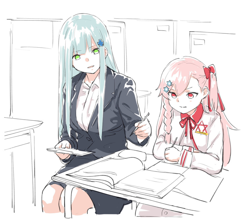 2girls blue_hair book classroom commentary_request desk formal girls_frontline green_eyes hair_ornament hairclip hexagram highres hk416_(girls_frontline) multiple_girls negev_(girls_frontline) pink_hair red_eyes school_uniform shinoe_nun sitting star_of_david suit teacher_and_student teaching