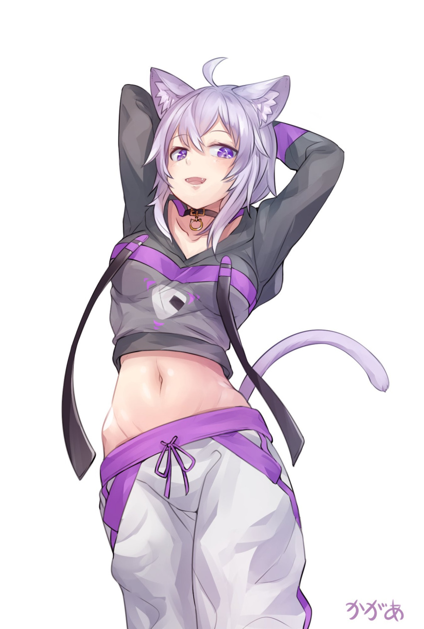 1girl ahoge animal_ear_fluff animal_ears arms_behind_head arms_up arpeggio_kaga breasts cat_ears cat_girl cat_tail choker collarbone eyebrows_visible_through_hair fangs food groin highres hololive medium_breasts medium_hair midriff navel nekomata_okayu onigiri open_mouth pants purple_hair smile solo tagme tail violet_eyes virtual_youtuber white_background white_pants