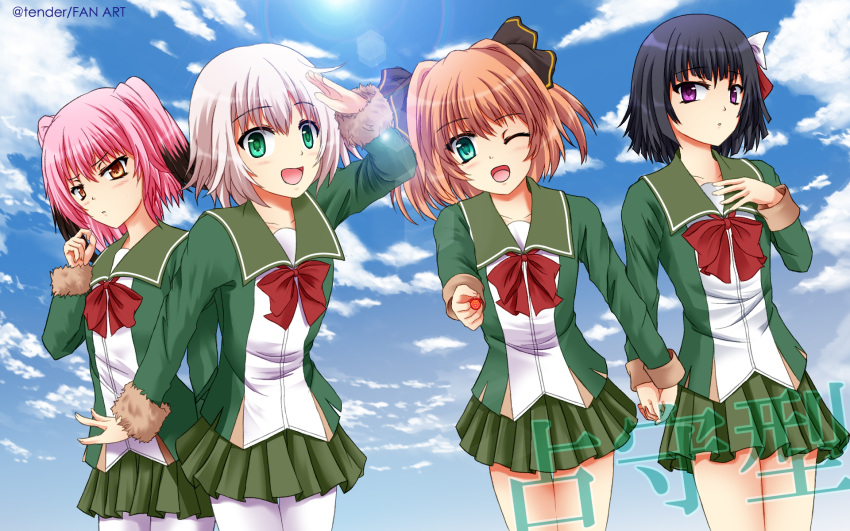 4girls :d ;d arm_up bangs black_hair black_ribbon blonde_hair blue_eyes blush brown_hair candy clouds cloudy_sky collarbone colored_tips cowboy_shot drawstring eyebrows_visible_through_hair food fur-trimmed_sleeves fur_trim green_eyes green_jacket green_skirt hachijou_(kantai_collection) hair_between_eyes hair_ribbon highres ishigaki_(kantai_collection) jacket kantai_collection kunashiri_(kantai_collection) lens_flare lollipop long_sleeves looking_at_viewer messy_hair multicolored_hair multiple_girls neck_ribbon one_eye_closed open_mouth orange_eyes pantyhose pink_hair pleated_skirt pom_pom_(clothes) red_eyes red_ribbon ribbon school_uniform serafuku shimushu_(kantai_collection) short_hair skirt sky smile tareme tenderlycreation tsurime two-tone_hair two_side_up white_legwear white_ribbon