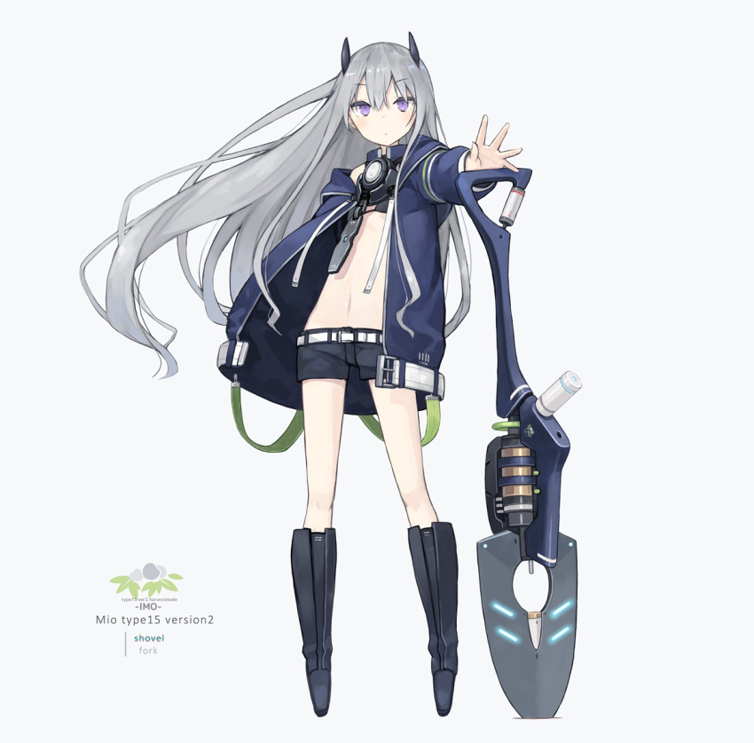 1girl animal_ears bangs belt black_footwear black_shorts blue_coat blush boots character_name closed_mouth coat eyebrows_visible_through_hair fake_animal_ears flat_chest floating_hair full_body grey_background grey_hair hair_between_eyes holding holding_weapon long_hair long_sleeves looking_at_viewer mecha_musume mechanical_tail midriff navel open_clothes open_coat original outstretched_arm poco_(asahi_age) short_shorts shorts shovel sidelocks simple_background solo standing tail violet_eyes weapon white_belt