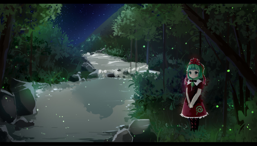 1girl :o antidote black_footwear blush boots commentary_request cross-laced_footwear fireflies forest front_ponytail green_eyes green_hair hair_ribbon kagiyama_hina knee_boots letterboxed long_hair looking_to_the_side mountain nature night night_sky outdoors own_hands_together red_shirt red_skirt ribbon river rock shirt short_sleeves skirt sky solo standing star_(sky) starry_sky touhou v_arms water waterfall wide_shot