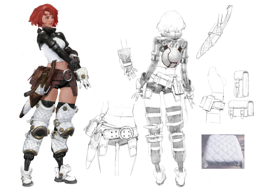 1girl belt belt_pouch breasts brown_eyes gloves highres hunting_era knife long_sleeves midriff multiple_views padded_armor padded_gloves pouch redhead sangsoo_jeong sheath short_hair short_shorts shorts simple_background sketch small_breasts standing thigh-highs white_background white_footwear white_gloves