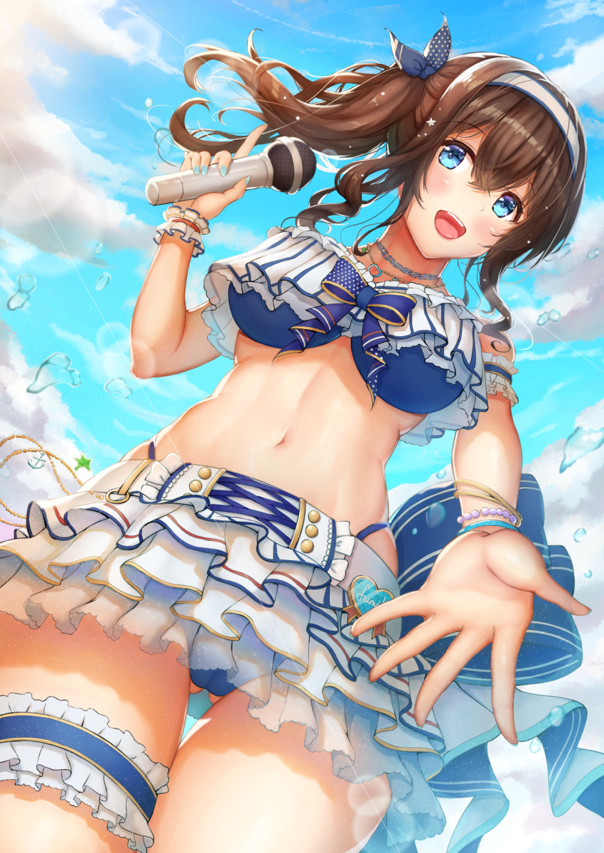 1girl aiban arm_garter bangs bare_shoulders bikini blue_bikini blue_eyes blue_sky blush bracelet breasts brown_hair frilled_bikini frills hair_between_eyes hairband highres idolmaster idolmaster_cinderella_girls idolmaster_cinderella_girls_starlight_stage jewelry large_breasts leg_garter long_hair looking_at_viewer miniskirt navel necklace open_mouth sagisawa_fumika side_ponytail sidelocks skirt sky smile solo swimsuit thighs water white_skirt wrist_cuffs