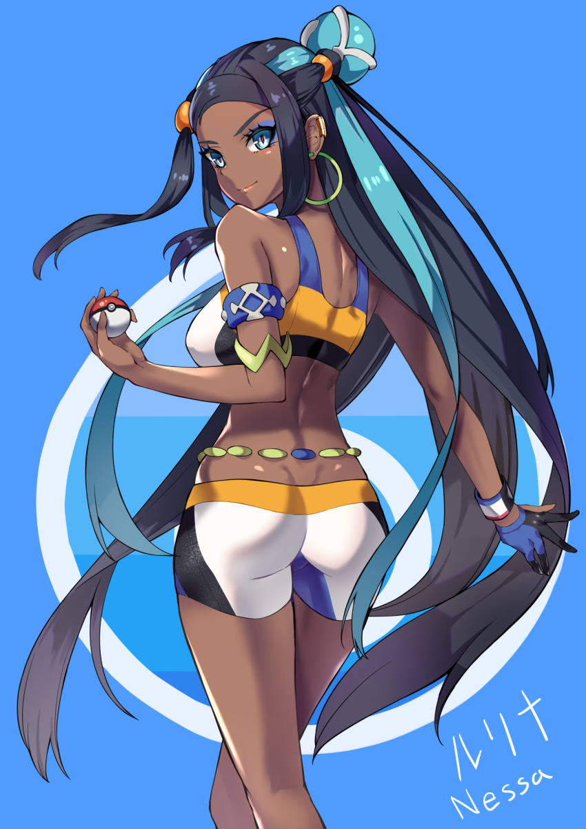 1girl aqua_hair armband ass back bare_legs bike_shorts black_gloves black_hair blue_background blue_eyes blue_gloves breasts character_name dark_skin earrings from_behind gloves hair_bobbles hair_ornament highres hoop_earrings jewelry lips long_hair looking_back mayoichi medium_breasts multicolored_hair poke_ball pokemon pokemon_(game) pokemon_swsh rurina_(pokemon) simple_background single_glove smile solo sports_bra straight_hair taut_clothes thighs two-tone_gloves two-tone_hair wristband