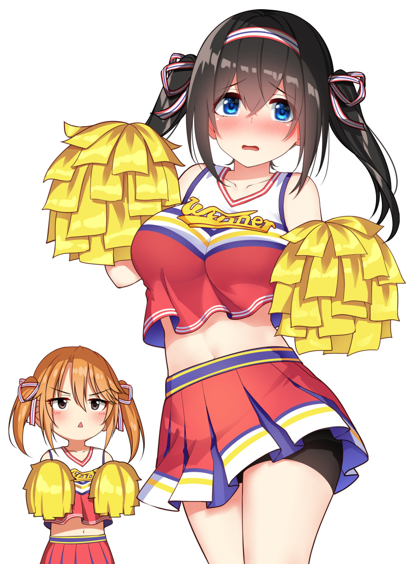 2girls absurdres alternate_costume alternate_hairstyle bare_shoulders bike_shorts black_hair blue_eyes blush breast_envy breasts brown_eyes cheerleader cowboy_shot embarrassed eyebrows_visible_through_hair go-1 hairband highres idolmaster idolmaster_cinderella_girls large_breasts long_hair looking_at_another midriff multiple_girls navel open_mouth orange_hair pom_pom_(clothes) sagisawa_fumika short_hair shorts shorts_under_skirt simple_background skirt twintails two_side_up white_background yuuki_haru