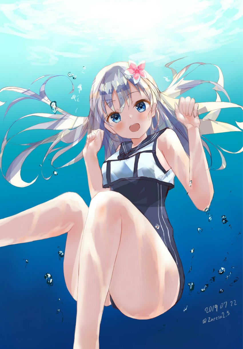 1girl absurdres air_bubble bangs blue_eyes blush breasts bubble commentary_request crop_top eyebrows_visible_through_hair flower from_below hair_between_eyes hair_flower hair_ornament highres kantai_collection lifebuoy long_hair looking_at_viewer one-piece_swimsuit one-piece_tan open_mouth ro-500_(kantai_collection) sailor_collar school_swimsuit smile solo submerged swimsuit swimsuit_under_clothes tan tanline underwater white_hair zaresutii
